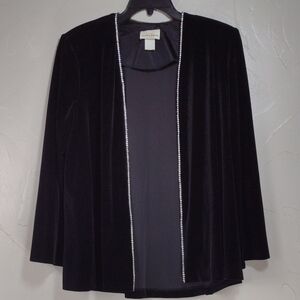 Vintage Sarah B Black Velour Open Front Stretch Blazer with Rhinestone Trim 14W